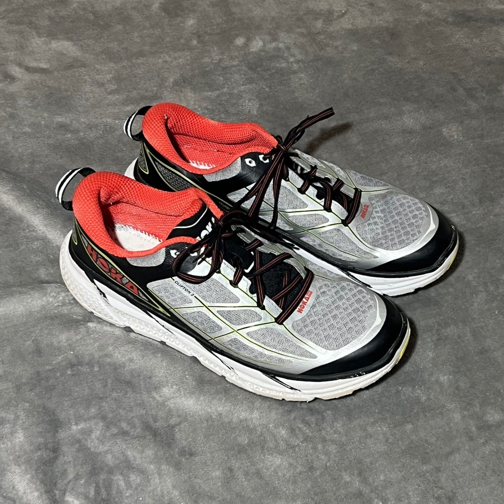 Hoka Clifton 2 Running Shoes Mens 11 Grey Black Orange GOFL 1008328